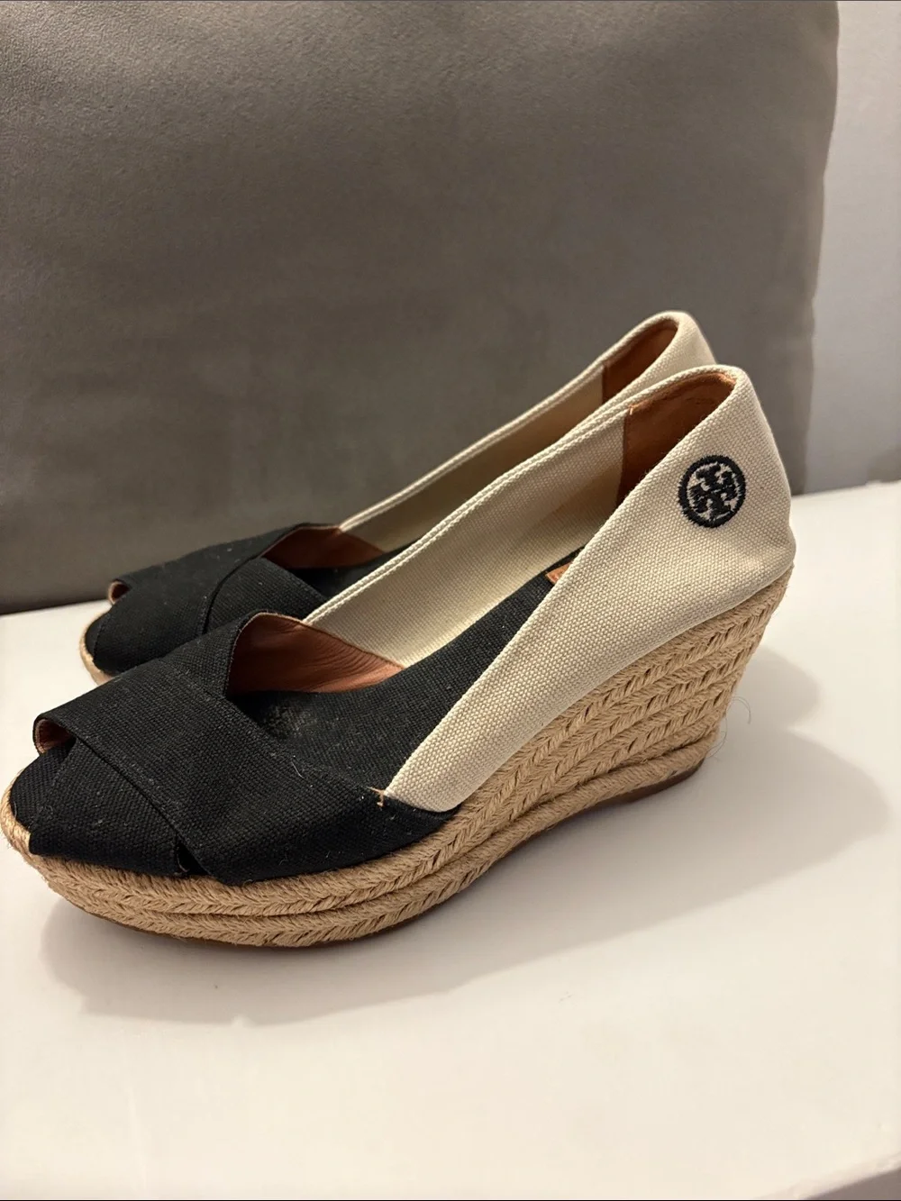 Tory Burch Black and Cream Canvas Peep-Toe Espadrille Wedges